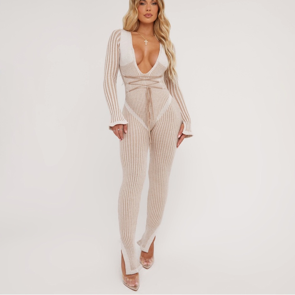 LONG SLEEVE PLUNGE STRAPPY WAIST DETAIL SPLIT LEG JUMPSUIT